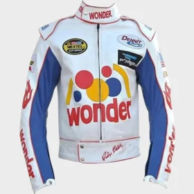 Women’s Racing-Inspired White and Blue Faux Leather Jacket
