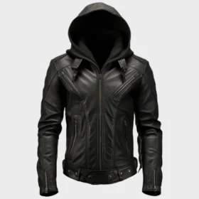 Men's Hooded Black Biker Leather Jacket