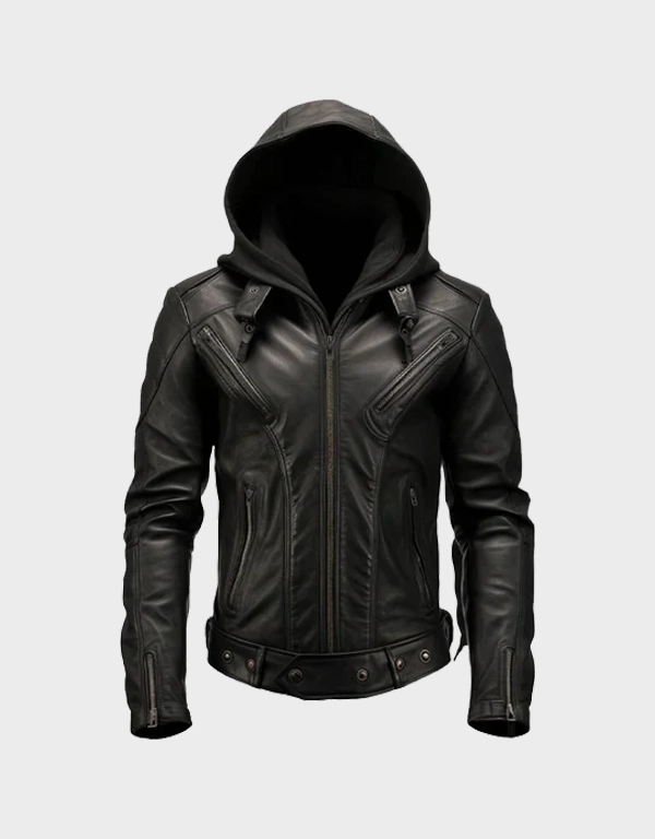 hood.webp Men's Hooded Black Biker Leather Jacket - Image 1
