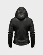 Men's Hooded Black Biker Leather Jacket - Image 2
