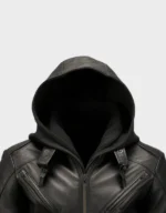 Men's Hooded Black Biker Leather Jacket - Image 3