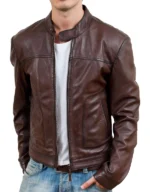 Men's Chestnut Brown Leather Jacket - Assantii