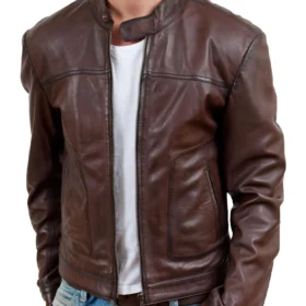 Men's Chestnut Brown Leather Jacket - Assantii
