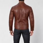 Marek dark cognac brown lambskin leather biker jacket back view with quilted shoulders and asymmetrical zipper