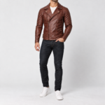 Marek dark cognac brown lambskin leather biker jacket front style view with quilted shoulders and asymmetrical zipper