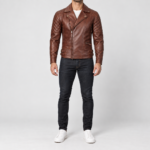 Marek dark cognac brown lambskin leather biker jacket front view with quilted shoulders and asymmetrical zipper