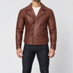 Marek dark cognac brown lambskin leather biker jacket front view with quilted shoulders and asymmetrical zipper
