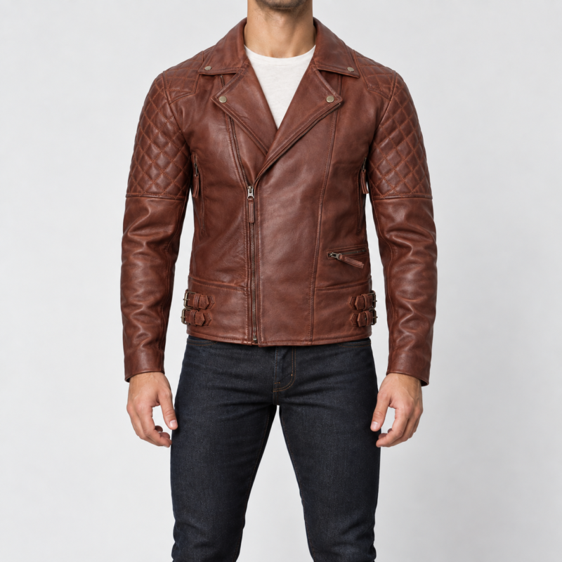 Marek dark cognac brown lambskin leather biker jacket front view with quilted shoulders and asymmetrical zipper