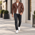 Marek dark cognac brown lambskin leather biker jacket outdoor view with quilted shoulders and asymmetrical zipper