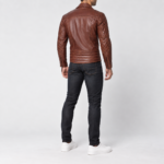 Marek dark cognac brown lambskin leather biker jacket tilted back view with quilted shoulders and asymmetrical zipper