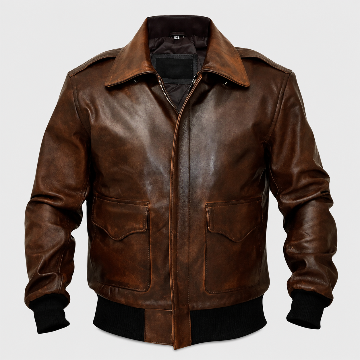 Men's Air Force A-2 cognac brown cowhide bomber leather jacket, front view