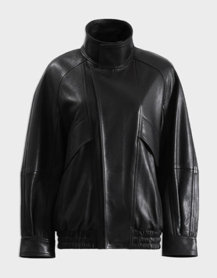 Women's black lambskin bomber jacket laid flat, front view, with a tall stand collar, snap placket and elastic hem