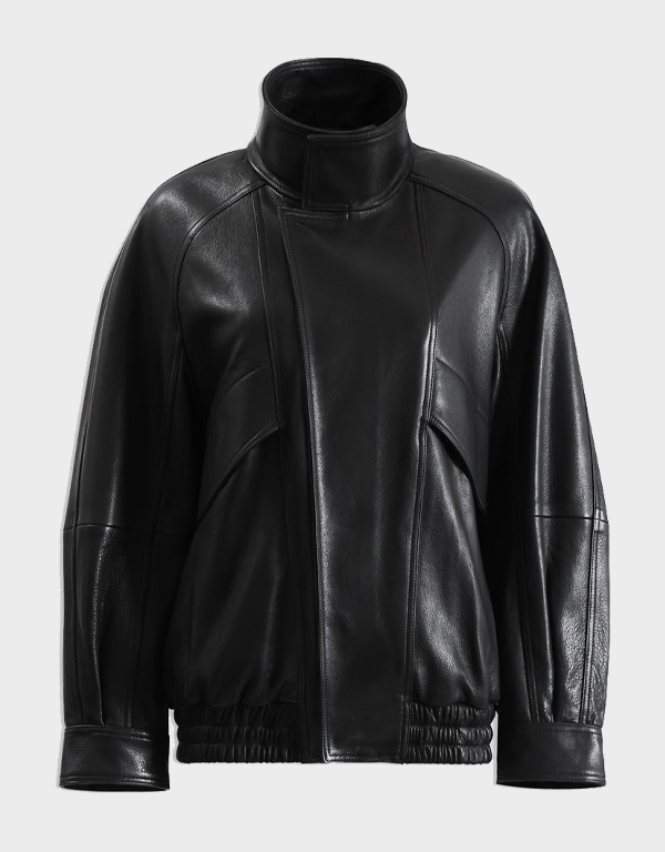 mens black lambskin oversized leather jacket 1 Women's black lambskin bomber jacket laid flat, front view, with a tall stand collar, snap placket and elastic hem
