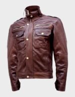 Mens High Collar Brown Leather Jacket