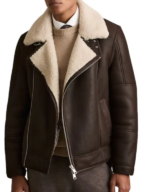 Men's dark brown shearling lined aviator jacket worn open, front view, with wide cream shearling lapels and an off-center zip