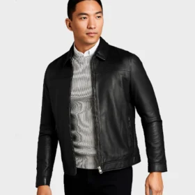 Mens Black Signature Leather Collared Jacket