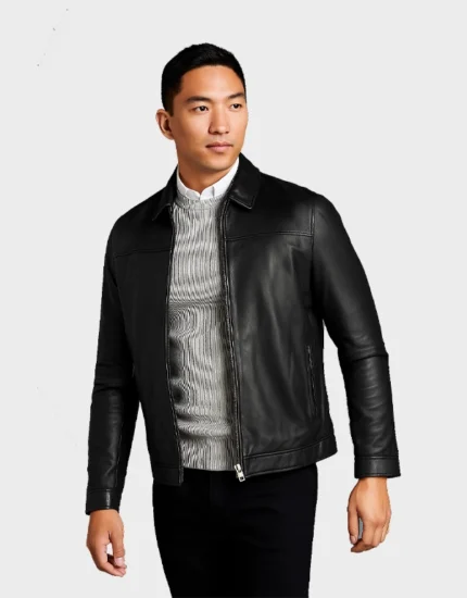 Mens Black Signature Leather Collared Jacket