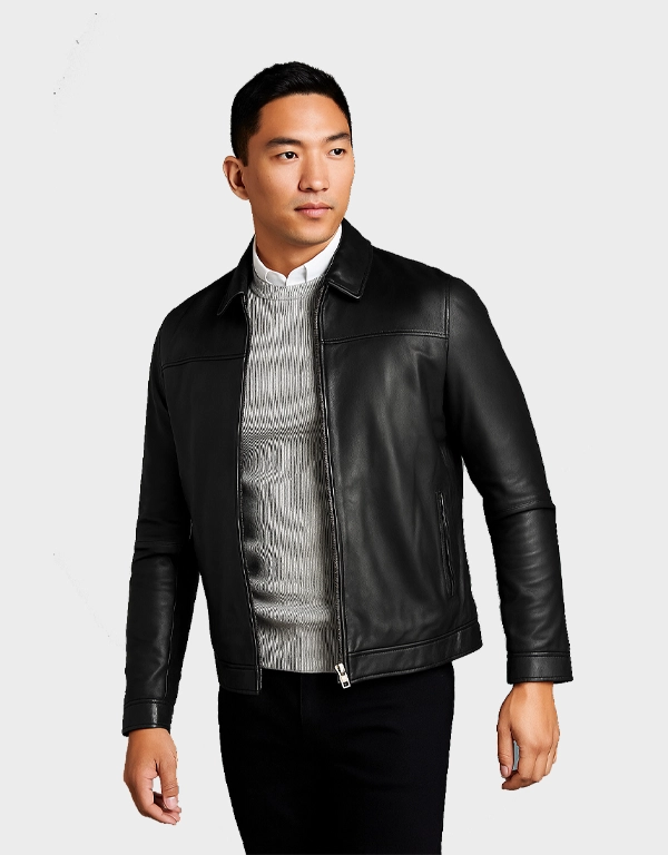 Mens Black Signature Leather Collared Jacket Mens Black Signature Leather Collared Jacket