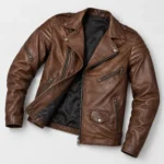 Open men's brown leather biker jacket laid flat on white showing a black satin lining and asymmetric front zipper