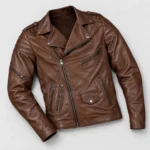 Men's brown leather biker jacket laid flat showing snap lapels, epaulettes, sleeve zipper and zipped pockets