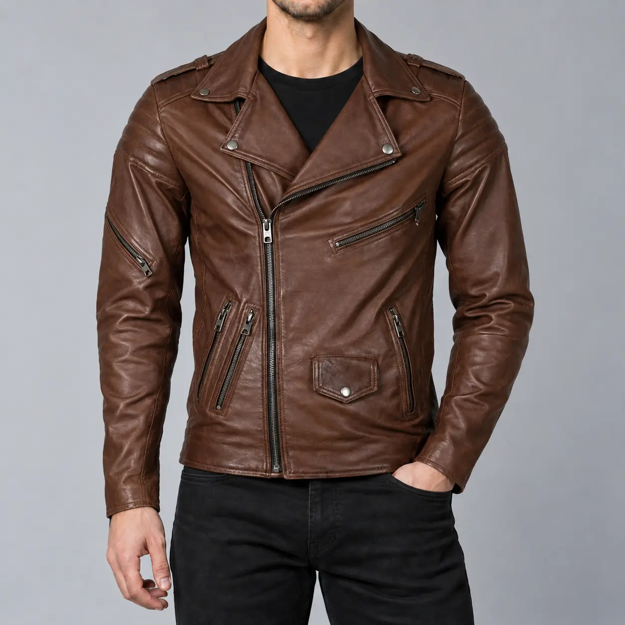 Rovan rich brown biker jacket front view with asymmetrical zipper and snap lapels