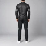 Torin men's black retro cafe racer leather jacket with blue sleeve stripes back view