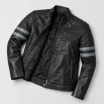 Torin men's black retro cafe racer leather jacket with blue sleeve stripes close flat view