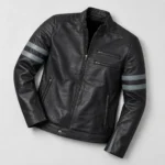 Torin men's black retro cafe racer leather jacket with blue sleeve stripes front close view