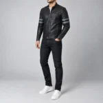 Torin men's black retro cafe racer leather jacket with blue sleeve stripes front titled view