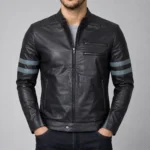 Torin men's black retro cafe racer leather jacket with blue sleeve stripes front view