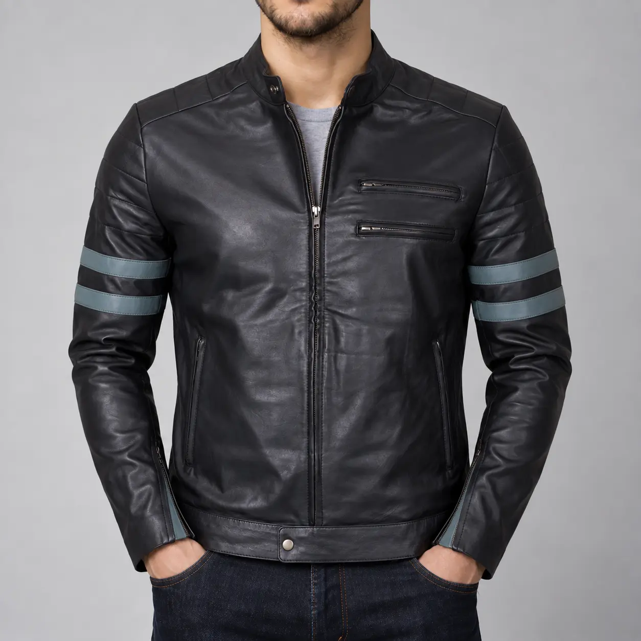 Torin men's black retro cafe racer leather jacket with blue sleeve stripes front view