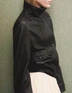 Womens Black High Neck Leather Jacket - Image 2