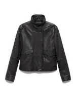 Womens Black High Neck Leather Jacket - Image 5