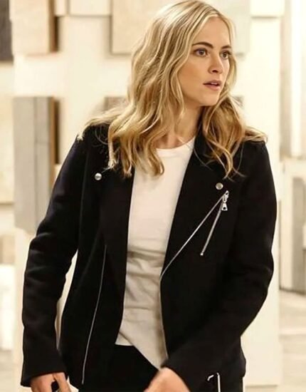Women's black biker jacket worn open over a white tee, front view, with wide snap-stud lapels and an asymmetric silver zip