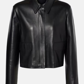 Women's black lambskin cropped jacket laid flat, front view, with a spread shirt collar, concealed placket and flap pockets