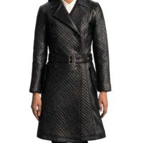Women's black quilted leather trench coat, front view, diamond quilted with notch lapels, a double-breasted front and a buckled belt