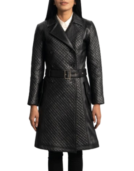 Women's black quilted leather trench coat, front view, diamond quilted with notch lapels, a double-breasted front and a buckled belt