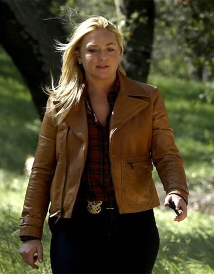 Women's tan brown leather jacket worn open outdoors, front view, with wide notched lapels, an asymmetric zip and a flap pocket