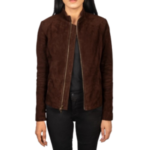 Women's mocha brown goatskin suede biker jacket worn open, front view, with a low stand collar and a two-way zip