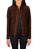 Women's mocha brown goatskin suede biker jacket worn open, front view, with a low stand collar and a two-way zip