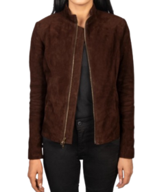 Women's mocha brown goatskin suede biker jacket worn open, front view, with a low stand collar and a two-way zip