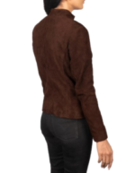 Back view of the women's mocha suede biker jacket, cut close through the body to sit at the hip