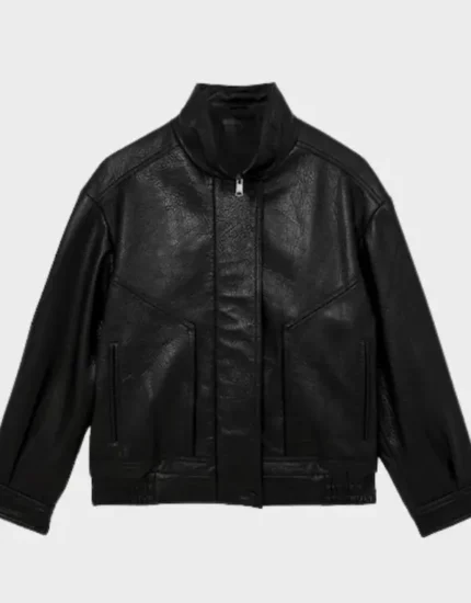 Women's oversized black grained leather bomber laid flat, front view, with a funnel neck, front zip and gathered elastic hem