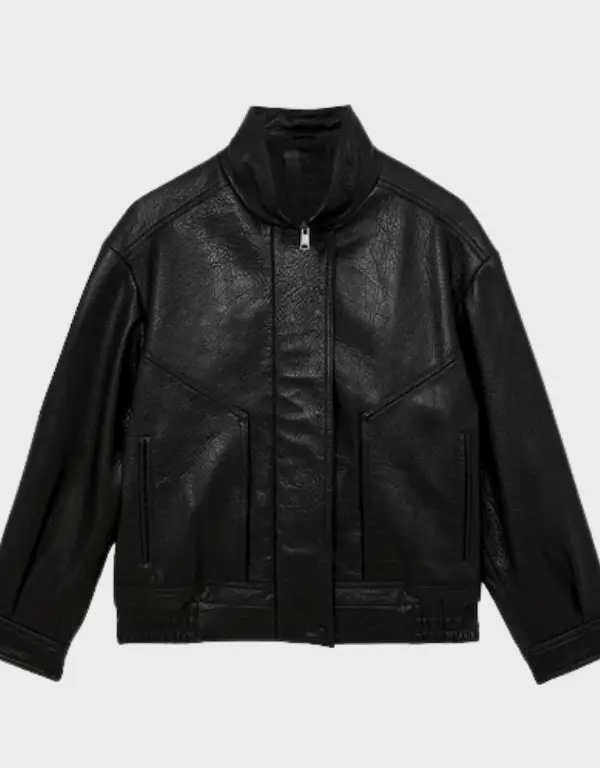 Women's oversized black grained leather bomber laid flat, front view, with a funnel neck, front zip and gathered elastic hem