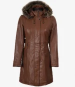 Women’s Brown Leather Long Coat With Faux Fur Hood - Image 3