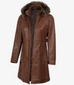Women’s Brown Leather Long Coat With Faux Fur Hood - Image 4