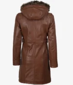 Women’s Brown Leather Long Coat With Faux Fur Hood - Image 5