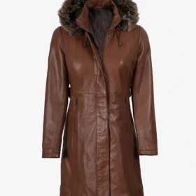 Women’s Brown Leather Long Coat With Faux Fur Hood