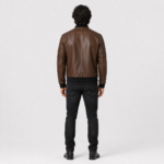 Men’s Alden cognac brown lambskin leather bomber jacket back view with black rib-knit collar, cuffs, hem and sleeve zip pocket