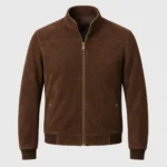 Men's Chocolate Brown Suede Bomber Jacket Front View